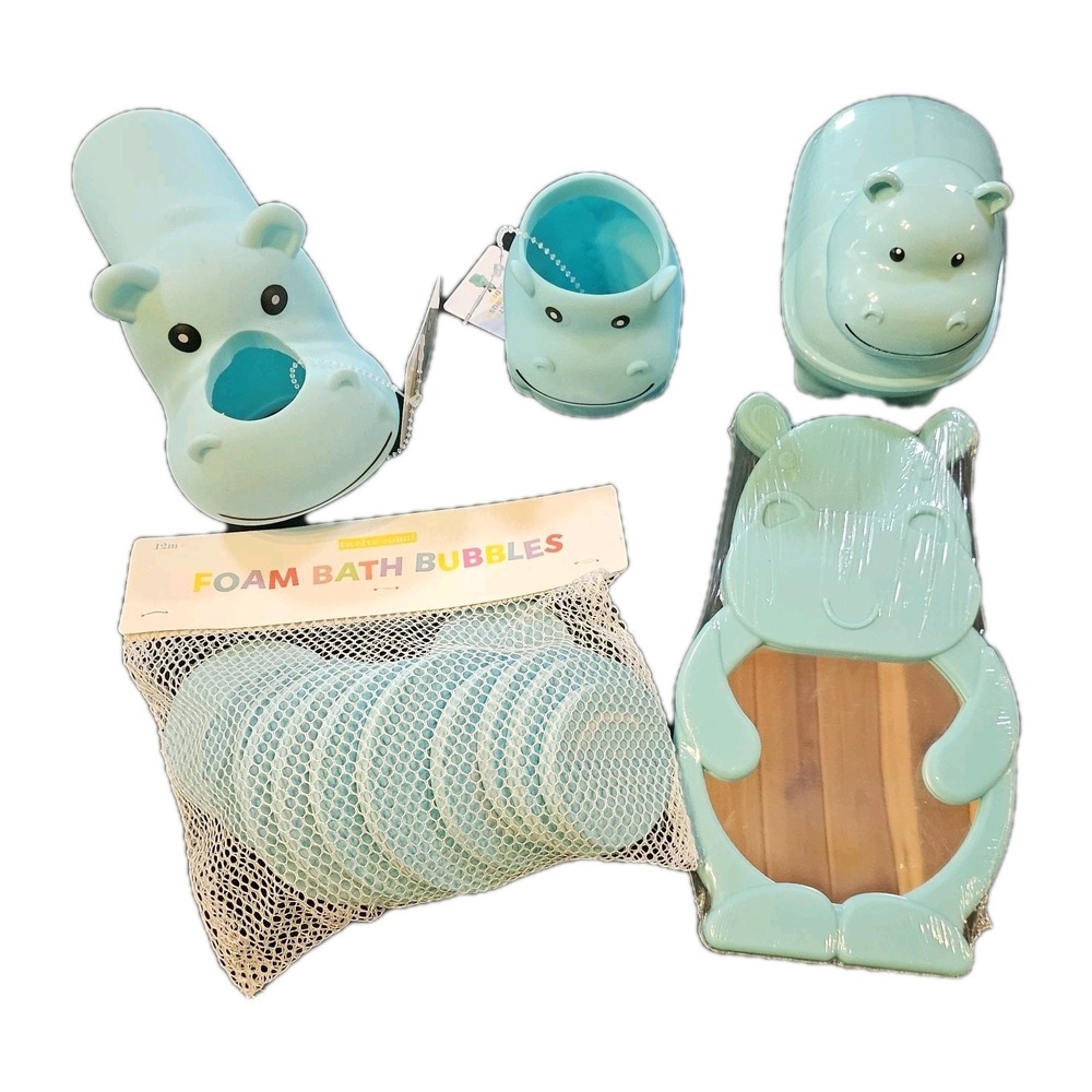 Hippo Bathroom 5 Piece Set Turquoise Mirror Soap Dish Faucet Cover Cup 1-01083